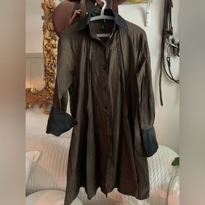 Ravel Button Down Long Duster Cardigan Light Coat Brown & Black Pleats Cuffs